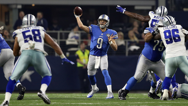 Dec 26, 2016; Arlington, TX, USA; Detroit Lions quarterback Matthew Stafford (9) throws during the game against the Dallas Cowboys at AT&T Stadium. Photo Credit: Kevin Jairaj-USA TODAY Sports
