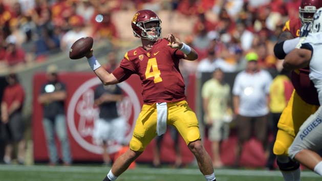 Sep 10, 2016; Los Angeles, CA, USA; USC Trojans quarterback Max Browne (4) throws a pass against the Utah State Aggies during a NCAA football game at Los Angeles Memorial Coliseum. Photo Credit: Kirby Lee-USA TODAY Sports