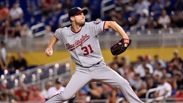 Aug 1, 2017; Miami, FL, USA; Washington Nationals starting pitcher Max Scherzer (31) throws a pitch in the first inning against the Miami Marlins at Marlins Park. Photo Credit: Steve Mitchell-USA TODAY Sports