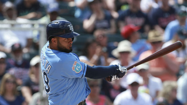 Mar 23, 2016; Fort Myers, FL, USA; Tampa Bay Rays catcher Mayo Acosta (69) hits a 2-RBI double during the seventh inning against the Minnesota Twins at CenturyLink Sports Complex. Mandatory Credit: Kim Klement-USA TODAY Sports