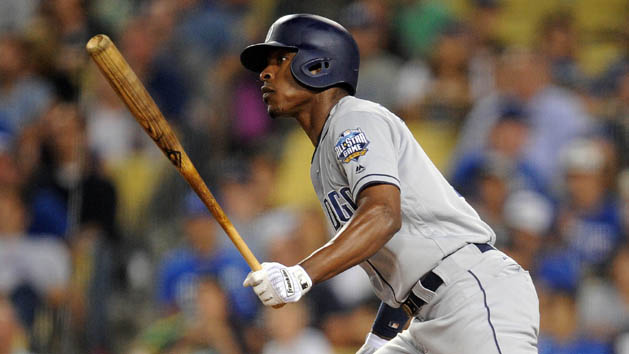 July 8, 2016; Los Angeles, CA, USA; San Diego Padres left fielder Melvin Upton Jr. (2) hits a single in the fifth inning against Los Angeles Dodgers at Dodger Stadium. Photo Credit: Gary A. Vasquez-USA TODAY Sports