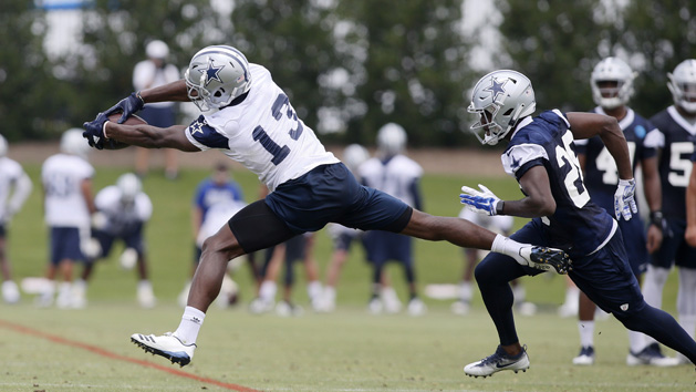 Jun 12, 2018; Frisco, TX, USA; Dallas Cowboys wide receiver Michael Gallup (13) catches a pass during minicamp at Dallas Cowboys headquarters at The Star. Photo Credit: Tim Heitman-USA TODAY Sports