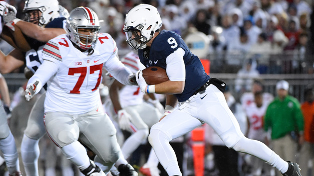 Oct 22, 2016; University Park, PA, USA; Penn State Nittany Lions quarterback Trace McSorley (9) runs with the ball as Ohio State Buckeyes defensive tackle Michael Hill (77) defends during the first quarter at Beaver Stadium. Photo Credit: Rich Barnes-USA TODAY Sports