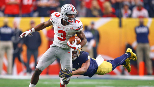Jan 1, 2016; Glendale, AZ, USA; Ohio State Buckeyes wide receiver Michael Thomas (3) is tackled by diving Notre Dame Fighting Irish cornerback Nick Watkins in the second half during the 2016 Fiesta Bowl at University of Phoenix Stadium. The Buckeyes defeated the Fighting Irish 44-28. Mandatory Credit: Mark J. Rebilas-USA TODAY Sports