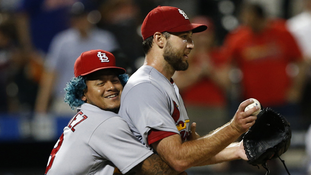 Jul 18, 2017; New York City, NY, USA; St. Louis Cardinals starting pitcher Carlos Martinez (18) hugs pitcher Michael Wacha (52) after the Cardinals defeated the New York Mets at Citi Field. Photo Credit: Noah K. Murray-USA TODAY Sports