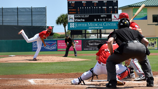Mar 29, 2017; Jupiter, FL, USA; St. Louis Cardinals starting pitcher Michael Wacha (52) delivers a pitch to Washington Nationals second baseman Stephen Drew (10) during a spring training game at Roger Dean Stadium. Photo Credit: Steve Mitchell-USA TODAY Sports