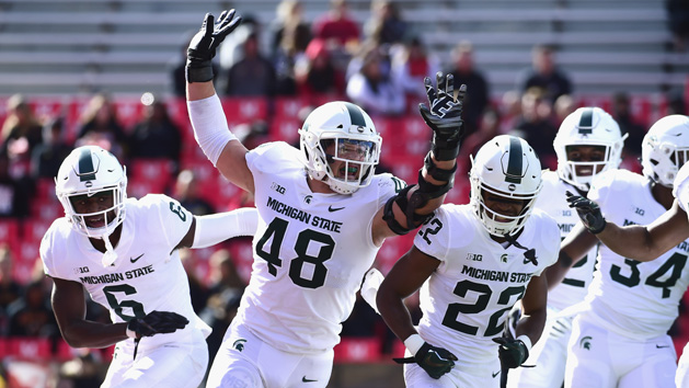 Nov 3, 2018; College Park, MD, USA; Michigan State Spartans defensive end Kenny Willekes (48) celebrates with teammates during the first quarter against the Maryland Terrapins at Capital One Field at Maryland Stadium. Photo Credit: Tommy Gilligan-USA TODAY Sports