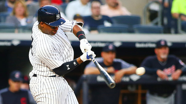 May 4, 2018; Bronx, NY, USA; New York Yankees third baseman Miguel Andujar (41) singles against the Cleveland Indians during the second inning at Yankee Stadium. Photo Credit: Andy Marlin-USA TODAY Sports
