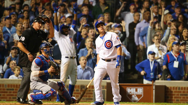 Oct 15, 2016; Chicago, IL, USA; Chicago Cubs pinch hitter Miguel Montero hits a grand slam against the Los Angeles Dodgers during the eighth inning in game one of the 2016 NLCS playoff baseball series at Wrigley Field. Photo Credit: Jerry Lai-USA TODAY Sports