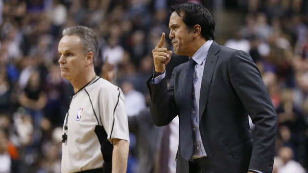 Apr 7, 2017; Toronto, Ontario, CAN; Miami Heat head coach Erik Spoelstra (R) questions a call by official Mike Callahan (L) during a game against the Toronto Raptors at the Air Canada Centre. Toronto defeated Miami 96-94. Photo Credit: John E. Sokolowski-USA TODAY Sports