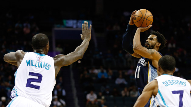 Nov 21, 2016; Charlotte, NC, USA; Memphis Grizzlies guard Mike Conley (11) shoots a three point shot against Charlotte Hornets forward Marvin Williams (2) in the first half at Spectrum Center. Photo Credit: Jeremy Brevard-USA TODAY Sports