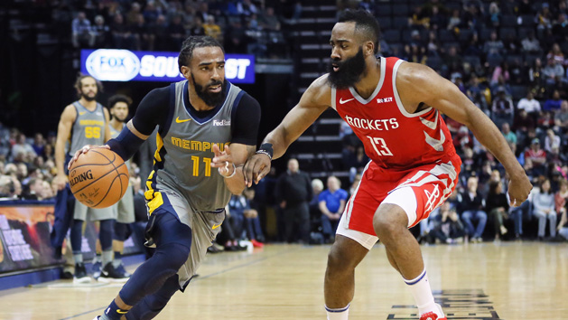 Mar 20, 2019; Memphis, TN, USA; Memphis Grizzlies guard Mike Conley (11) controls the ball as Houston Rockets guard James Harden (13) defnds during the second half at FedExForum. Memphis won 126-125. Photo Credit: Nelson Chenault-USA TODAY Sports