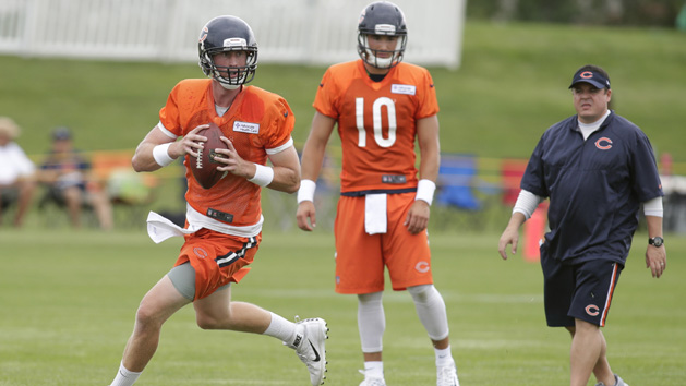 Jul 27, 2017; Bourbonnais, IL, USA; Chicago Bears quarterback Mike Glennon (8) rolls out in front of quarterback Mitchell Trubisky (10) during Training Camp at Olivet Nazarene University. Photo Credit: Erich Schlegel-USA TODAY Sports