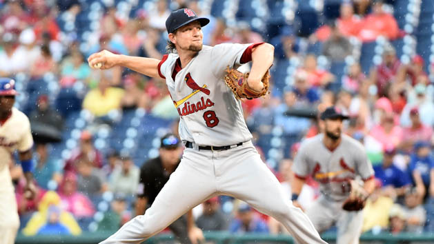 Aug 21, 2016; Philadelphia, PA, USA; St. Louis Cardinals starting pitcher Mike Leake (8) pitches during the sixth inning against the Philadelphia Phillies at Citizens Bank Park. The Cardinals defeated the Phillies, 9-0. Photo Credit: Eric Hartline-USA TODAY Sports