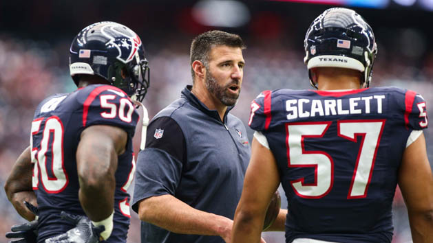 Sep 18, 2016; Houston, TX, USA; Houston Texans linebackers coach Mike Vrabel talks with inside linebacker Akeem Dent (50) and linebacker Brennan Scarlett (57) before a game against the Kansas City Chiefs at NRG Stadium. Photo Credit: Troy Taormina-USA TODAY Sports