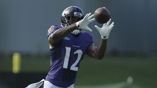 Jul 31, 2016; Owings Mills, MD, USA; Baltimore Ravens wide receiver Mike Wallace (12) catches a pass during the morning session of training camp at Under Armour Performance Center. Photo Credit: Tommy Gilligan-USA TODAY Sports