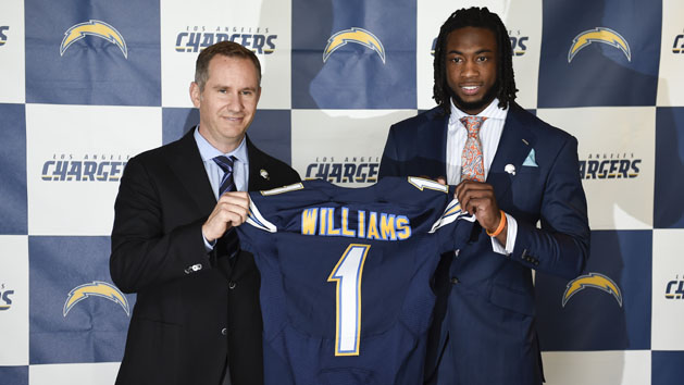 Apr 28, 2017; Los Angeles, CA, USA; Los Angeles Chargers first round pick Mike Williams poses with president A.G. Spanos (left) during a press conference at StubHub Center. Photo Credit: Kelvin Kuo-USA TODAY Sports