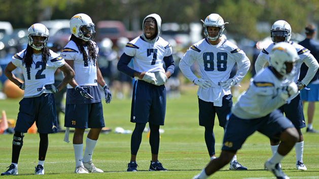 Jun 13, 2017; San Diego, CA, USA; Los Angeles Chargers receiver Mike Williams (7) looks on next to wide receiver Travis Benjamin (12) wide receiver Geremy Davis (11) wide receiver Andre Patton (88) as tight end Asante Cleveland (foreground) runs a route during mini camp at Charger Park. Photo Credit: Jake Roth-USA TODAY Sports