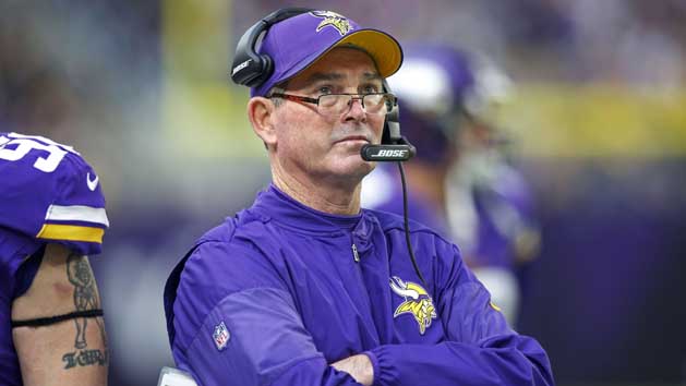 Jan 1, 2017; Minneapolis, MN, USA; Minnesota Vikings head coach Mike Zimmer watches a replay in the game with the Chicago Bears at U.S. Bank Stadium. The Vikings win 38-10. Photo Credit: Bruce Kluckhohn-USA TODAY Sports