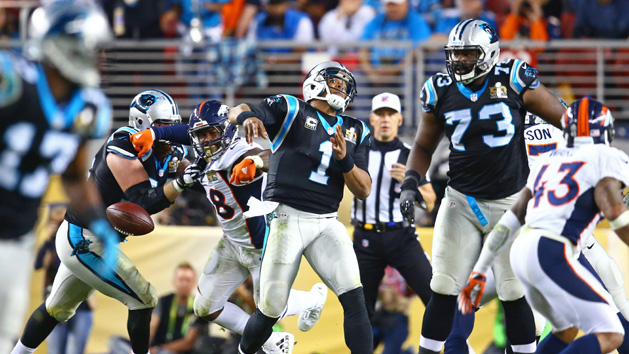 Feb 7, 2016; Santa Clara, CA, USA; Denver Broncos linebacker Von Miller (58) forces a fumble as he hits Carolina Panthers quarterback Cam Newton (1) in the fourth quarter of Super Bowl 50 at Levi's Stadium. Mandatory Credit: Mark J. Rebilas-USA TODAY Sports