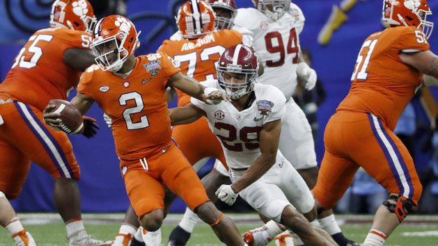 Jan 1, 2018; New Orleans, LA, USA; Clemson Tigers quarterback Kelly Bryant (2) rolls away from Alabama Crimson Tide defensive back Minkah Fitzpatrick (29) during the second quarter the 2018 Sugar Bowl college football playoff semifinal game at Mercedes-Benz Superdome. Photo Credit: Greg M. Cooper-USA TODAY Sports