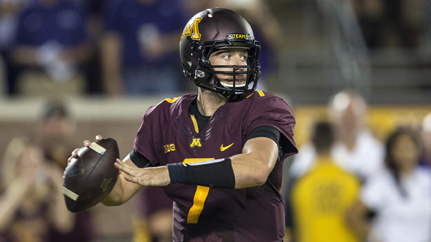 Sep 3, 2015; Minneapolis, MN, USA; Minnesota Golden Gophers quarterback Mitch Leidner (7) drops back for a pass in the first quarter against the TCU Horned Frogs at TCF Bank Stadium. Mandatory Credit: Jesse Johnson-USA TODAY Sports