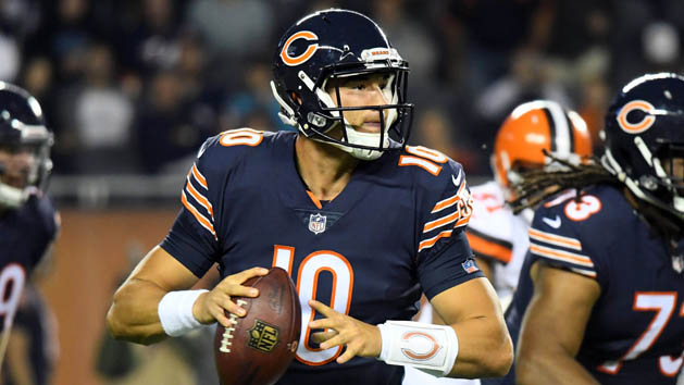 Aug 31, 2017; Chicago, IL, USA; Chicago Bears quarterback Mitchell Trubisky (10) drops back to pass against the Cleveland Browns during the first half at Soldier Field. Photo Credit: Mike DiNovo-USA TODAY Sports