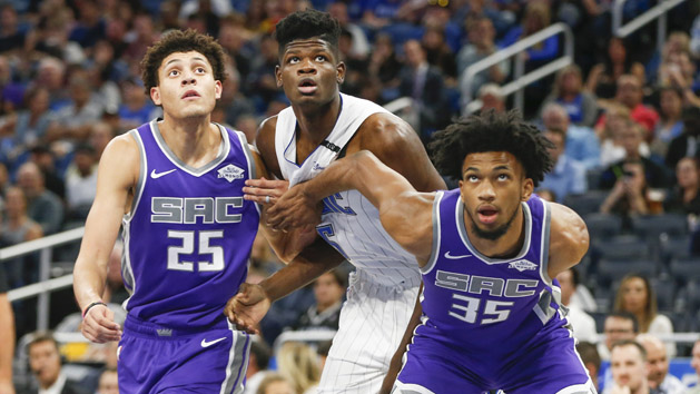 Oct 30, 2018; Orlando, FL, USA; Orlando Magic center Mohamed Bamba (middle) battles for position with Sacramento Kings forwards Marvin Bagley III (35) and Justin Jackson (25) during the first quarter at Amway Center. Photo Credit: Reinhold Matay-USA TODAY Sports