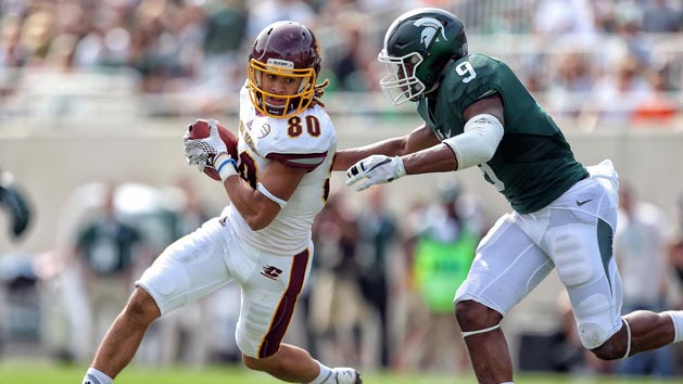 Sep 26, 2015; East Lansing, MI, USA; Central Michigan Chippewas wide receiver Anthony Rice (80) runs for yards after a catch against Michigan State Spartans safety Montae Nicholson (9) during the 2nd half of a game at Spartan Stadium. MSU won 30-10. Mandatory Credit: Mike Carter-USA TODAY Sports
