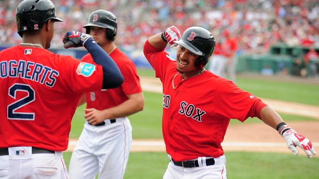 Mar 19, 2016; Fort Myers, FL, USA; Boston Red Sox outfielder Mookie Betts (50) is congratulated by shortstop Xander Bogaerts (2) after hitting a home run in the fifth inning against the St. Louis Cardinals at JetBlue Park. The Red Sox won 3-1 as the game was cancelled after five innings due to inclement weather. Mandatory Credit: Evan Habeeb-USA TODAY Sports