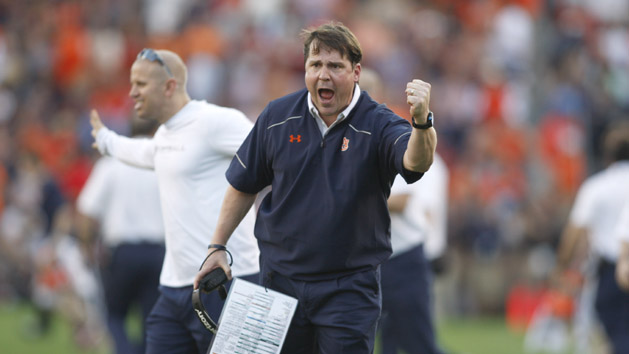 Nov 28, 2015; Auburn, AL, USA; Auburn Tigers defensive coordinator Will Muschamp complains to an official during the second quarter against the Alabama Crimson Tide at Jordan Hare Stadium. Mandatory Credit: John Reed-USA TODAY Sports