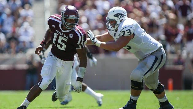 Sep 19, 2015; College Station, TX, USA; Texas A&M Aggies defensive lineman Myles Garrett (15) in action during the game against the Nevada Wolf Pack at Kyle Field. Mandatory Credit: Troy Taormina-USA TODAY Sports