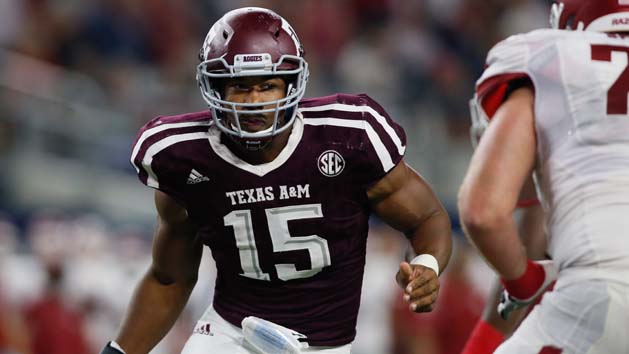 Sep 24, 2016; Dallas, TX, USA; Texas A&M Aggies defensive lineman Myles Garrett (15) in game action against the Arkansas Razorbacks at AT&T Stadium. Texas A&M won 45-24. Photo Credit: Tim Heitman-USA TODAY Sports