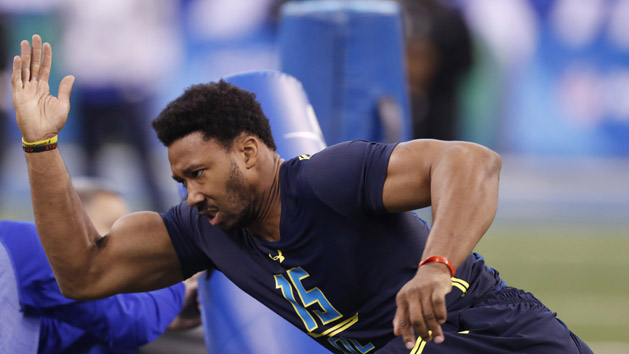 Mar 5, 2017; Indianapolis, IN, USA; Texas A&M Aggies defensive lineman Myles Garrett goes through workout drills during the 2017 NFL Combine at Lucas Oil Stadium. Photo Credit: Brian Spurlock-USA TODAY Sports