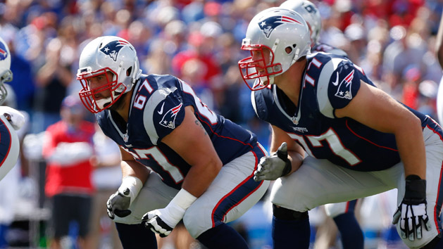Sep 20, 2015; Orchard Park, NY, USA; New England Patriots guard Josh Kline (67) and tackle Nate Solder (77) during the second half against the Buffalo Bills at Ralph Wilson Stadium. Patriots beat the Bills 40-32. Mandatory Credit: Kevin Hoffman-USA TODAY Sports