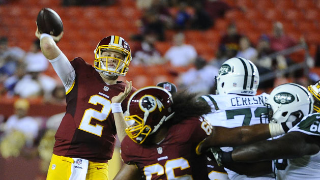 Aug 19, 2016; Landover, MD, USA; Washington Redskins quarterback Nate Sudfeld (2) attempts a pass against the New York Jets during the second half at FedEx Field. Photo Credit: Brad Mills-USA TODAY Sports