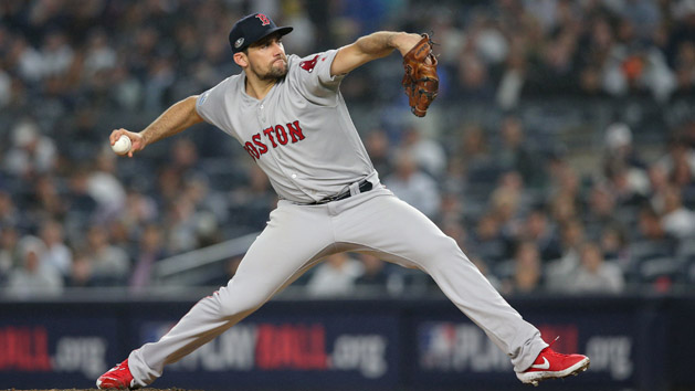 Oct 8, 2018; Bronx, NY, USA; Boston Red Sox starting pitcher Nathan Eovaldi (17) pitches in the first inning in game three of the 2018 ALDS playoff baseball series against the New York Yankees at Yankee Stadium. Photo Credit: Brad Penner-USA TODAY Sports