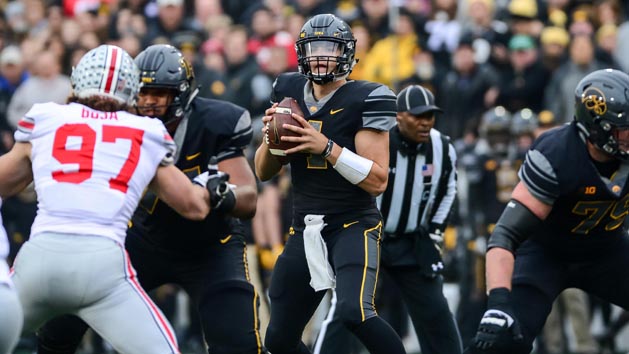 Nov 4, 2017; Iowa City, IA, USA; Iowa Hawkeyes quarterback Nathan Stanley (4) looks to throw a pass during the first quarter against the Ohio State Buckeyes at Kinnick Stadium. Photo Credit: Jeffrey Becker-USA TODAY Sports