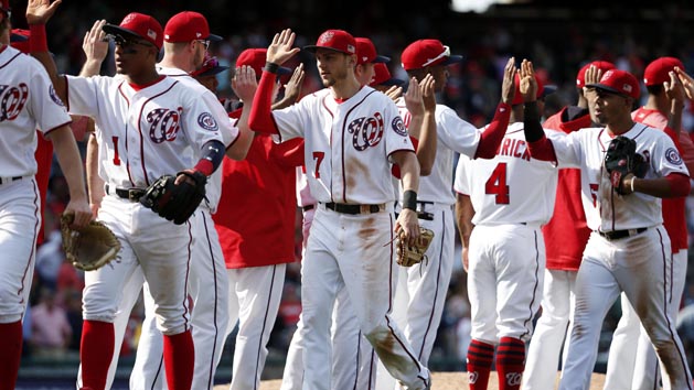 Sep 10, 2017; Washington, DC, USA; The Washington Nationals players celebrate after defeating the Philadelphia Phillies at Nationals Park. The Nationals won 3-2. Photo Credit: Amber Searls-USA TODAY Sports