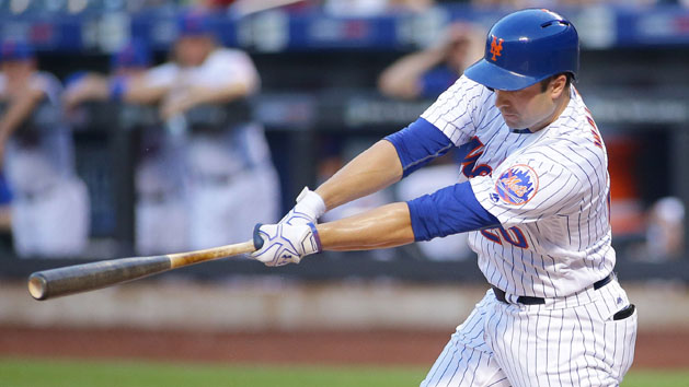 Aug 13, 2016; New York City, NY, USA; New York Mets second baseman Neil Walker (20) hits an RBI single against the San Diego Padres during the first inning at Citi Field. Photo Credit: Andy Marlin-USA TODAY Sports