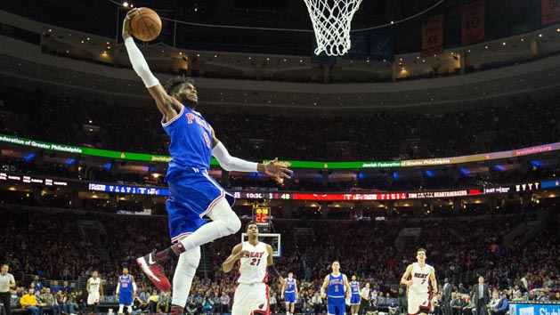 Feb 11, 2017; Philadelphia, PA, USA; Philadelphia 76ers forward Nerlens Noel (4) dunks against the Miami Heat during the second half at Wells Fargo Center. The Philadelphia 76ers won 117-109. Photo Credit: Bill Streicher-USA TODAY Sports