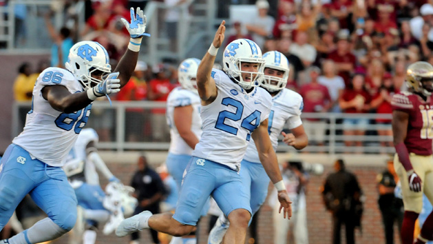 Oct 1, 2016; Tallahassee, FL, USA; North Carolina Tarheels kicker Nick Weiler (24) celebrates after kicking the game winning field goal against the Florida State Seminoles at Doak Campbell Stadium. Photo Credit: Melina Vastola-USA TODAY Sports