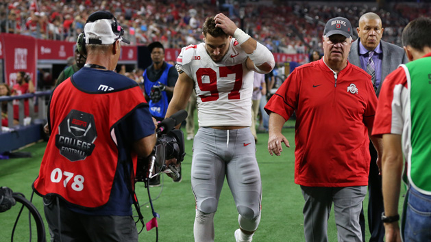Sep 15, 2018; Arlington, TX, USA; Ohio State Buckeyes defensive end Nick Bosa (97) walks to the locker room injured in the third quarter against the Texas Christian Horned Frogs at AT&T Stadium. Mandatory Credit: Matthew Emmons-USA TODAY Sports