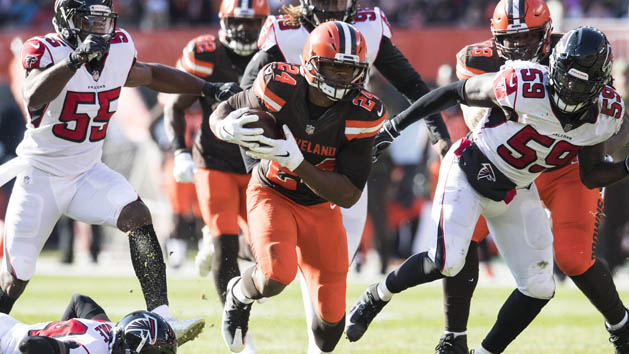 Nov 11, 2018; Cleveland, OH, USA; Cleveland Browns running back Nick Chubb (24) runs with the ball during the first half against the Atlanta Falcons at FirstEnergy Stadium. Photo Credit: Ken Blaze-USA TODAY Sports