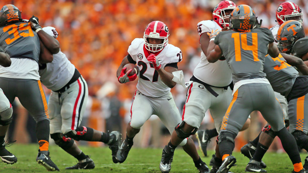 Sep 30, 2017; Knoxville, TN, USA; Georgia Bulldogs running back Nick Chubb (27) carries the ball against the Tennessee Volunteers during the first half at Neyland Stadium. Photo Credit: Crystal LoGiudice-USA TODAY Sports
