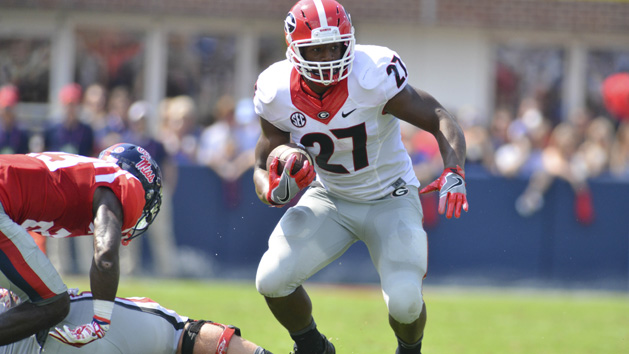 Sep 24, 2016; Oxford, MS, USA; Georgia Bulldogs running back Nick Chubb (27) runs the ball during the second quarter of the game against the Mississippi Rebels at Vaught-Hemingway Stadium. Photo Credit: Matt Bush-USA TODAY Sports