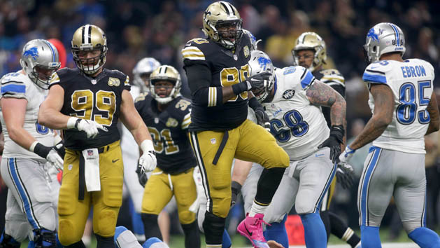 Dec 4, 2016; New Orleans, LA, USA; New Orleans Saints defensive tackle Nick Fairley (90) celebrates tackling Detroit Lions quarterback Matthew Stafford (9) in the first quarter at Mercedes-Benz Superdome. Photo Credit: Crystal LoGiudice-USA TODAY Sports