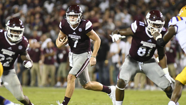 Sep 16, 2017; Starkville, MS, USA; Mississippi State Bulldogs quarterback Nick Fitzgerald (7) runs the ball against the LSU Tigers during the fourth quarter at Davis Wade Stadium. Photo Credit: Matt Bush-USA TODAY Sports