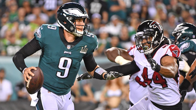 Sep 6, 2018; Philadelphia, PA, USA; Philadelphia Eagles quarterback Nick Foles (9) rolls away from pressure by Atlanta Falcons linebacker Vic Beasley (44) during the third quarter at Lincoln Financial Field. Photo Credit: Eric Hartline-USA TODAY Sports