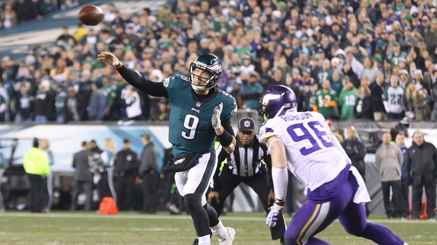 Jan 21, 2018; Philadelphia, PA, USA; Philadelphia Eagles quarterback Nick Foles (9) throws the ball past Minnesota Vikings defensive end Brian Robison (96) in the second quarter during the NFC Championship game at Lincoln Financial Field. Photo Credit: Geoff Burke-USA TODAY Sports